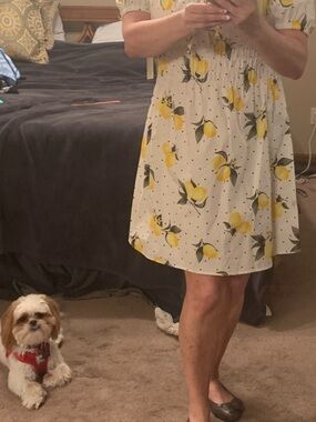 White Lemon Print Puff Sleeve Mini Dress